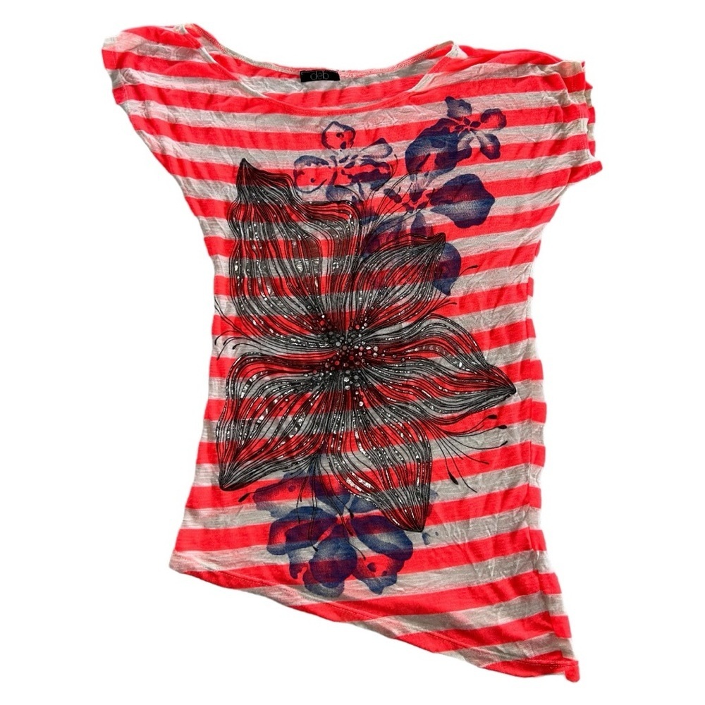 DEB Vintage Neon Burnout Asymmetrical Floral V-neck Shirt Top Cover Up Small